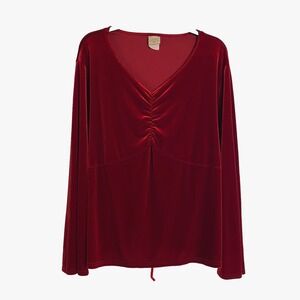 Fiorlini Top Womens Red Velvet‎ Plus Size Rushed V Neck Long Sleeve